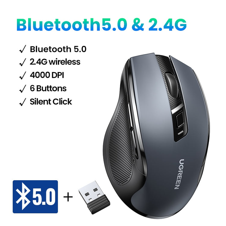 UGREEN Wireless Mouse Bluetooth 5.0 Silent Mouse Ergonomic 4000 DPI 6 Mute Buttons For MacBook Tablet Laptops PC 2.4GHz Mice