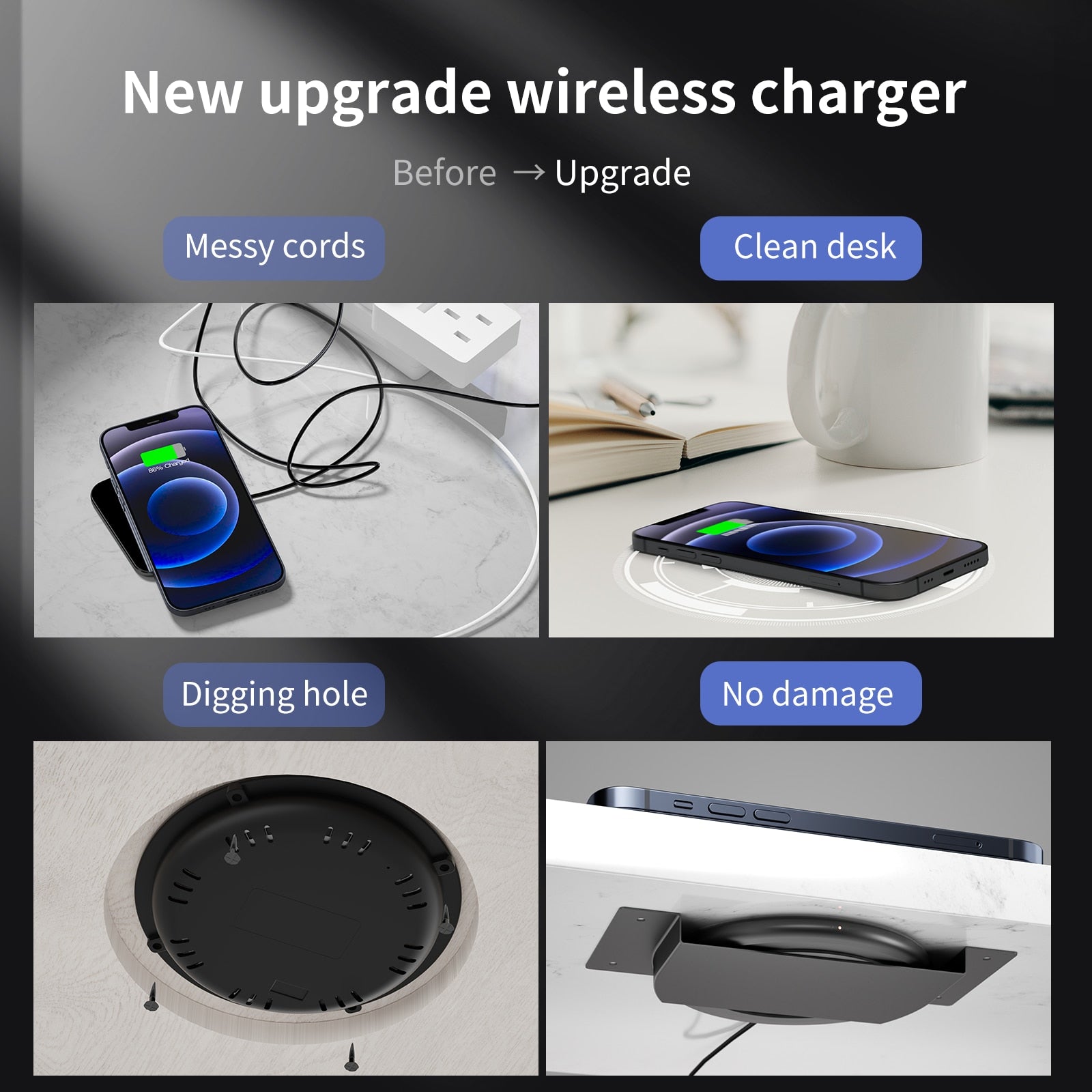 KPON Invisible Wireless Charger Hidden Long Distance Wireless Phone Charger Under Desk QI 10W Furniture Wireless Charging Pad