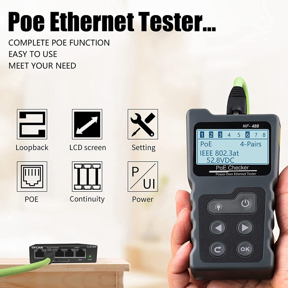 NOYAFA NF-488 Network Cable Tester PoE Switch Online Test PoE Voltage Polarity Cable Tracker Loop Test Tool with LCD Display