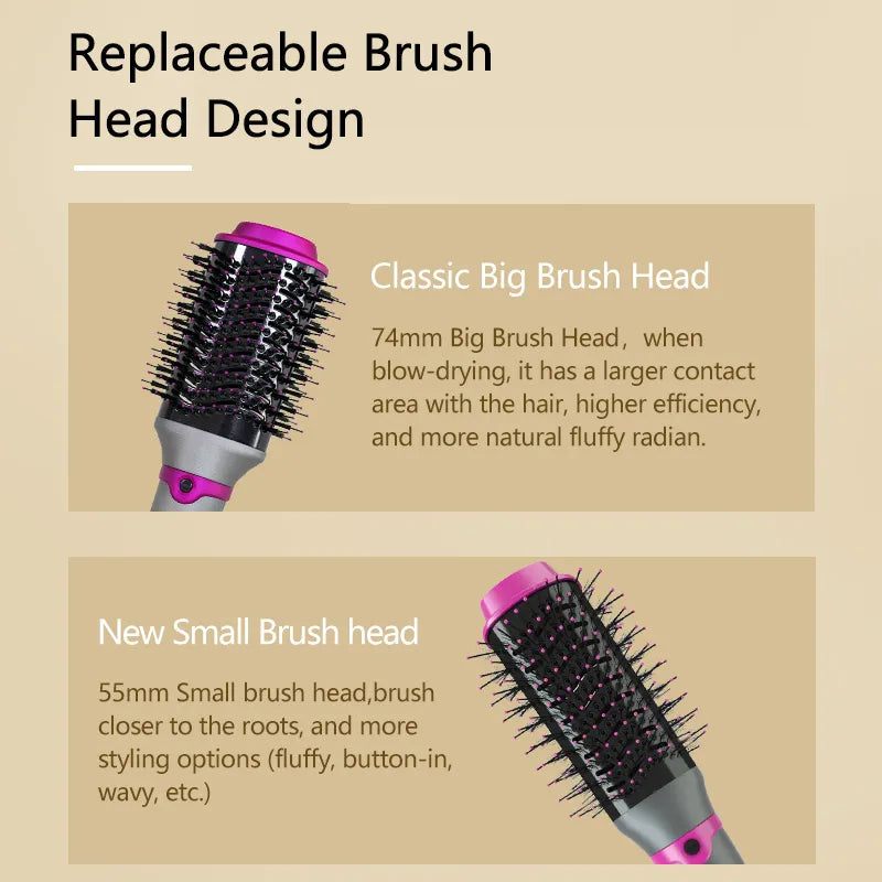 1200W Hair Dryer Hot Air Brush Styler Replaceable Head Straightener Curler Comb Roller One Step Electric Ion Blow Dryer Brush