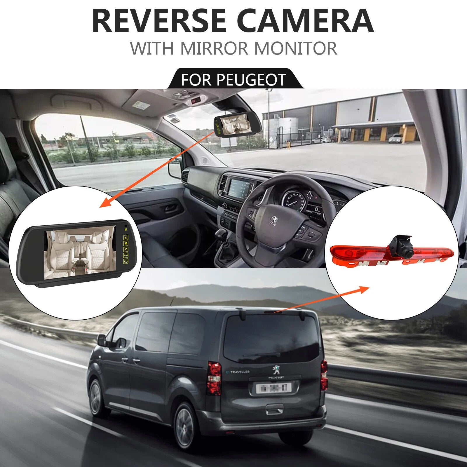 EnruigeOK Car Reversing Brake Light Camera Parking Camera Surveillance Kit With 7 inch Mirror Monitor for Peugeot Expert