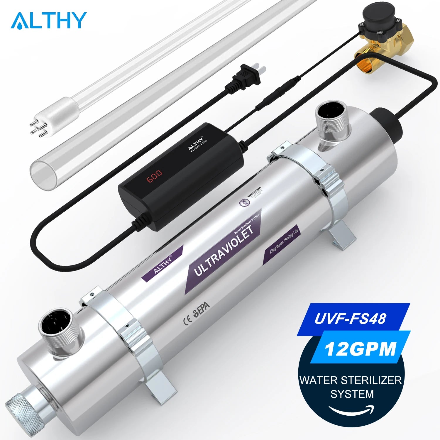 ALTHY Whole House UV Ultraviolet Water Filter Purifier System + Smart Flow Control Switch Stainless Steel 12GPM 48w