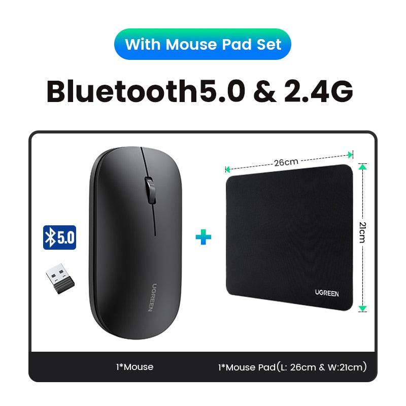 UGREEN Wireless Mouse Bluetooth 5.0 Silent Mouse Ergonomic 4000 DPI 6 Mute Buttons For MacBook Tablet Laptops PC 2.4GHz Mice