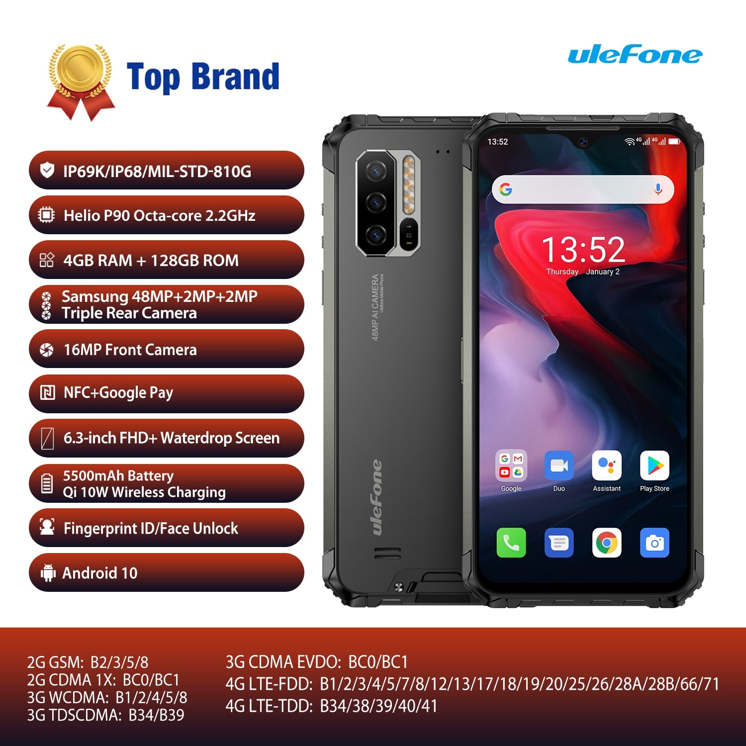 Ulefone Armor 7E Rugged Mobile Phone Helio P90+128G Smartphone 2.4G/5G WiFi Waterproof IP68 Global Version Android 10 NFC/48MP