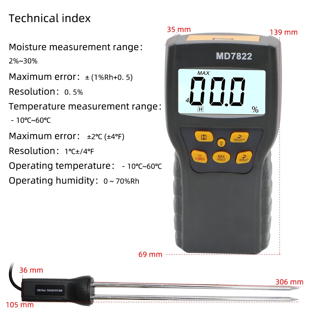 MD7822 Digital Grain Hygrometer Thermometer Moisture Meter  LCD Display Humidity Temperature Tester for Wheat Corn Rice 40%off