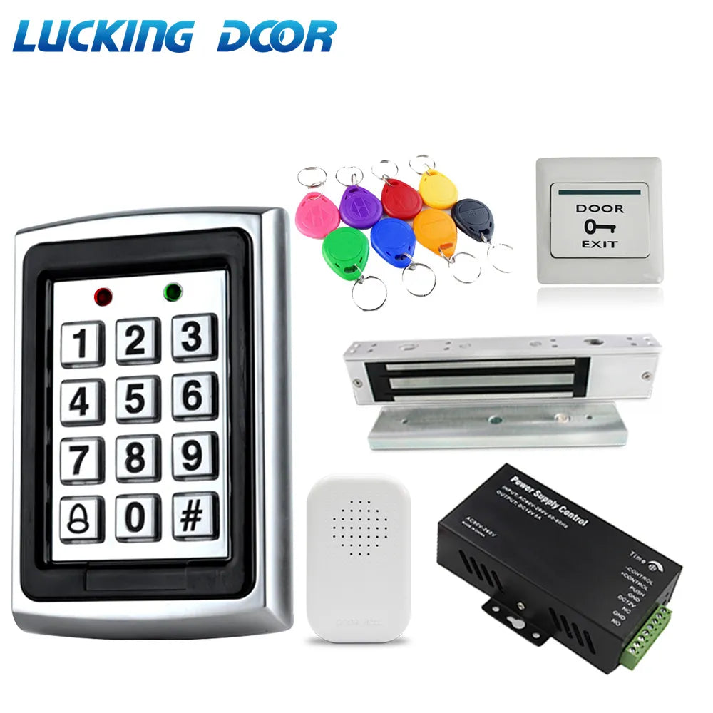 Standalone Metal Keypad Electronic Lock Power Supply DC12V Door Exit with 125KHz ID Keyfobs Full RFID Access Control System Kit