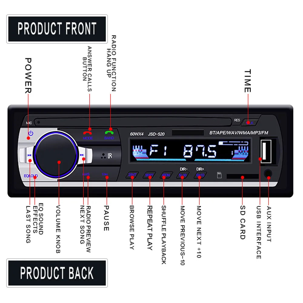 Podofo JSD-520 Car Radio In Dash 1 Din Tape Recorder MP3 Player FM Audio Stereo USB/SD AUX Input ISO Port Bluetooth Autoradio