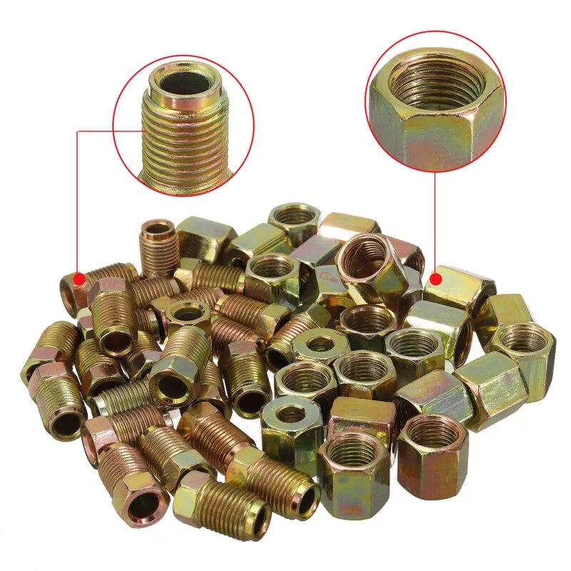 50Pcs Auto Brake Pipe Fittings Female/Male Nut Metal Connector for 3/16inch Tube Threads Brake Line Fittings
