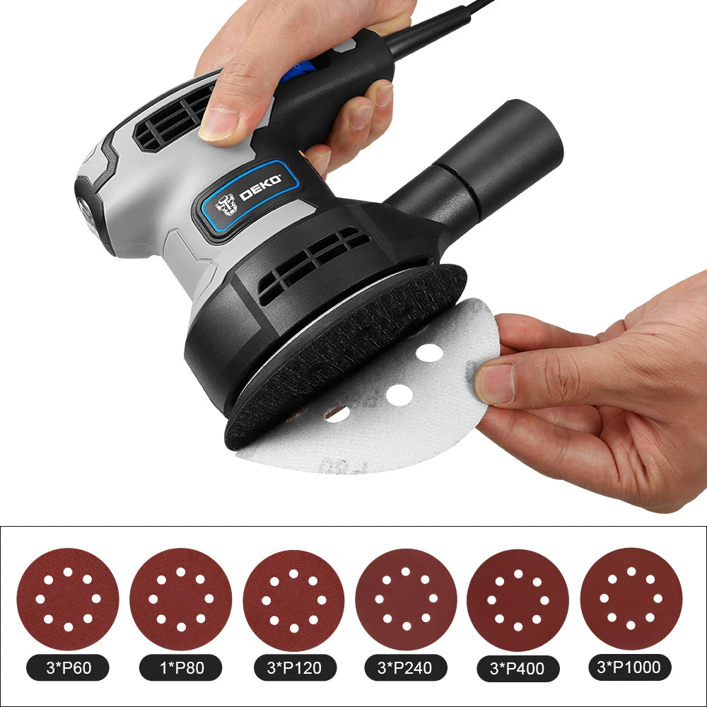 DEKO 320W Random Orbital Electric Sander Machine with 16Pcs 125mm Sandpapers Strong Dust Collection Polisher