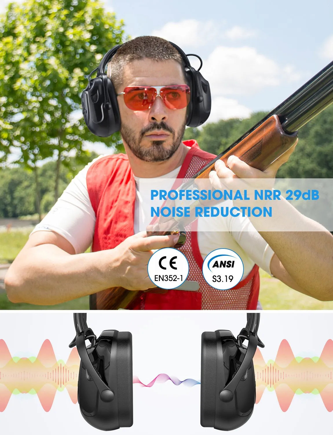 Mpow Upgraded Bluetooth Noise Reduction Ear Muffs Safety NRR 29dB/SNR 36dB Adjustable Hearing Protection Ear Defender Headphones