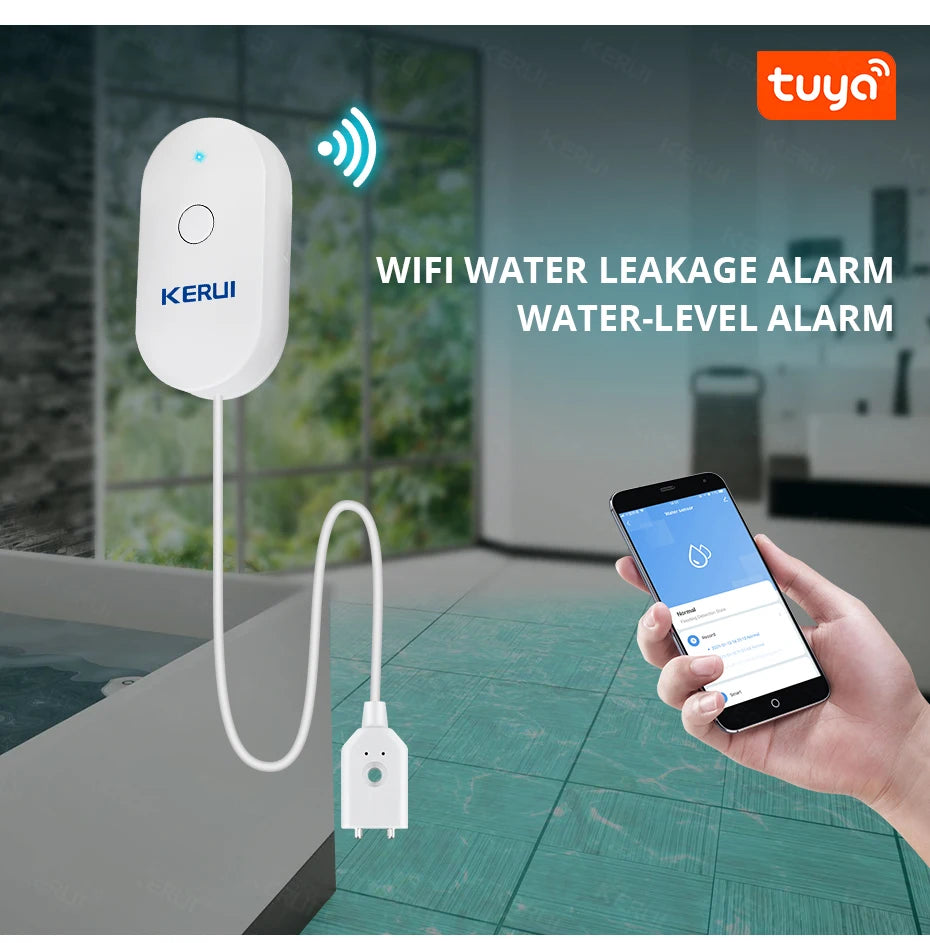 KERUI WiFi Water Leakage Sensor Tuya APP Smart Life Flood Alert Overflow Home Security Alarm System Water Level Detector