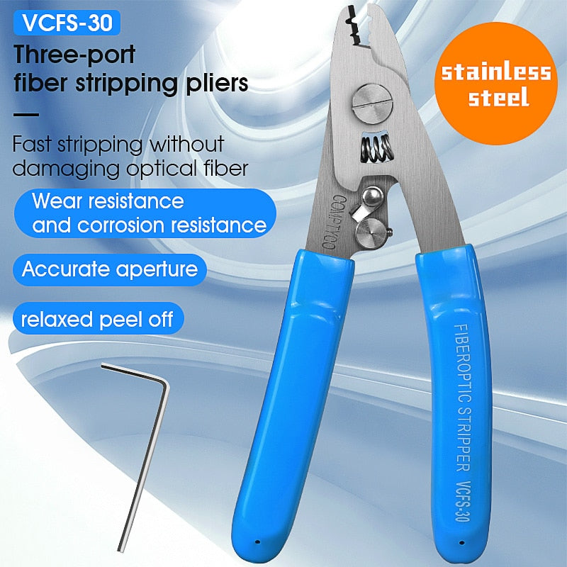 VCFS-30 Stainless Steel Three-port Fiber Stripping Pliers FTTH Tool Fiber Optic Wire Stripper (Optional Two Ports)