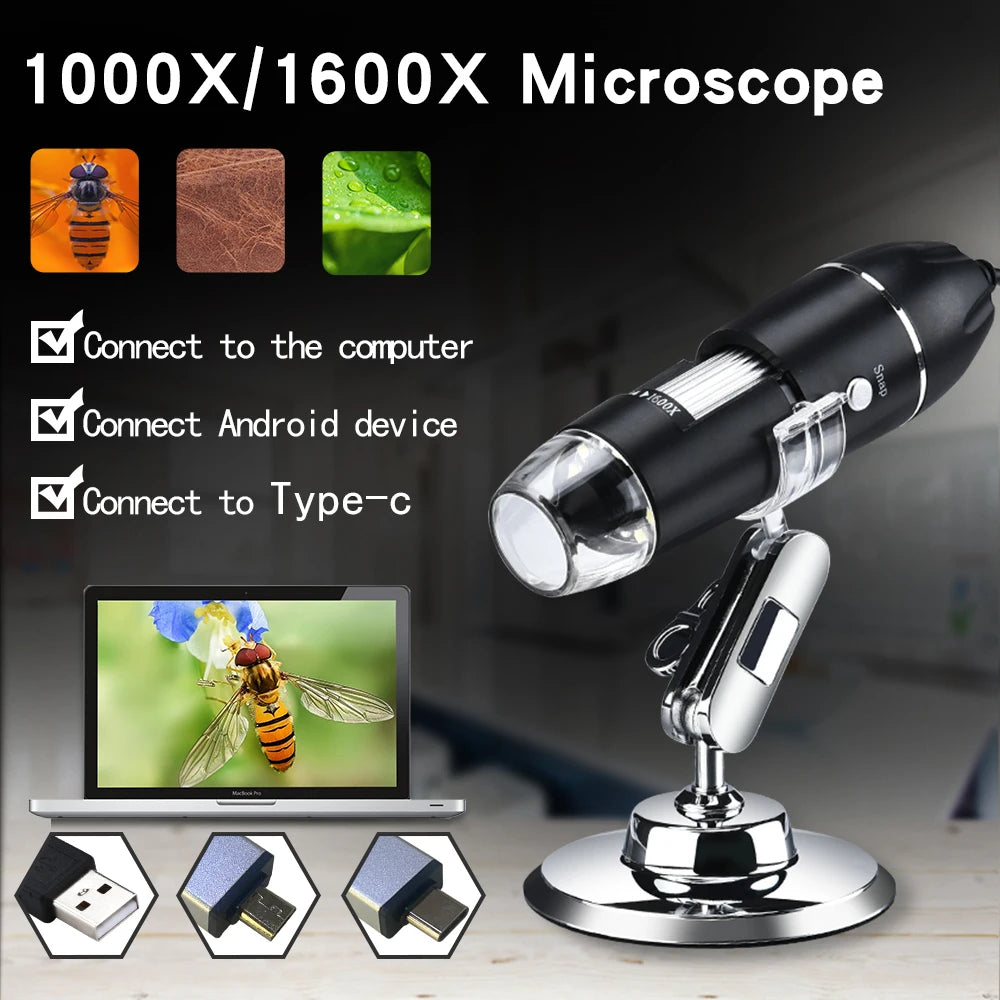 1000 1600x USB Digital Microscope Camera Endoscope 8LED Magnifier with Metal Stand for Mobile Phone Repairing Hair Skin