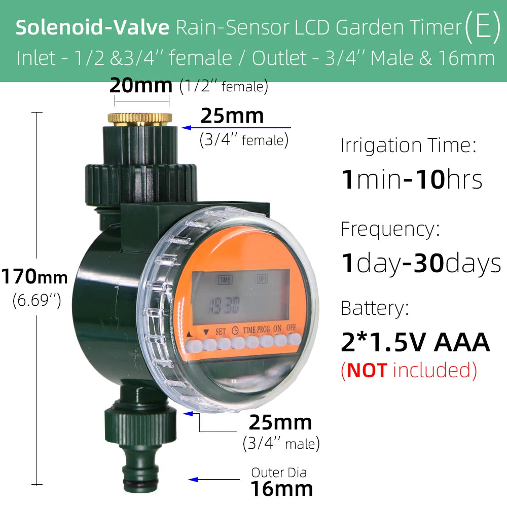 RBCFHI 12 Types Garden Water Timer Solenoid Valve Controller Automatic LCD Display Solar Energy Rain Sensor WIFI-Timer Long Life