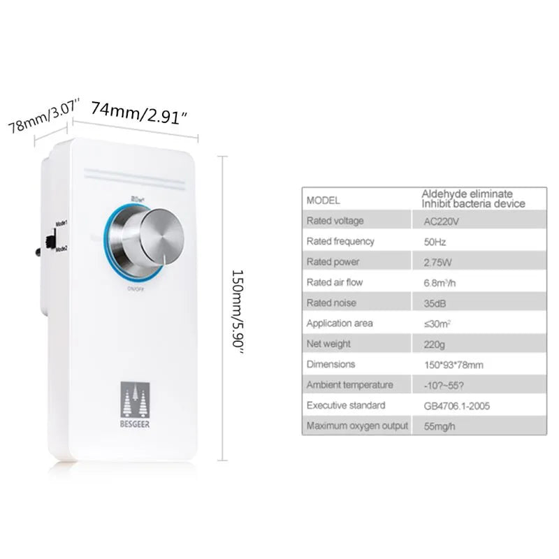 EU Plug in Ozone Air Purifier Cleaner O3 Generator for Room Office Bedroom Toilet Home Travel Deodorization Sterilizer