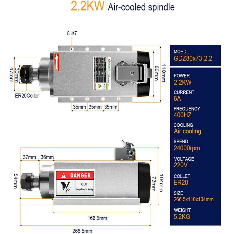 1.5kw 2.2kw spindle motor 24000rpm Air Cooled Spindle 380/220V+HY VFD Inverter+1set ER11 ER20 Collet for CNC milling machine