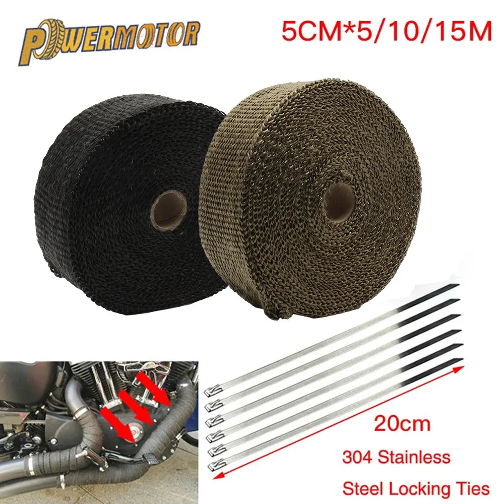 Motorcycle Exhaust Wrap Muffler Thermal Tape Heat Shield Insulation Systems with Stainless Ties 5cm*5M/10M/15M Moto Accessories