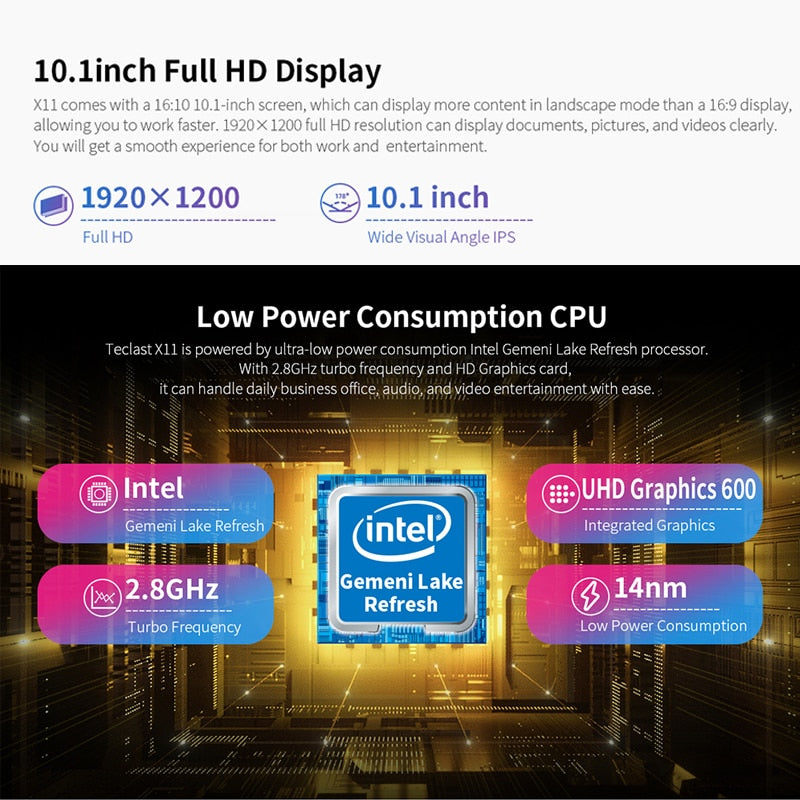Teclast X11 10.1 inch 2 in 1 Tablet 1920×1200 6GB RAM 128GB SSD Dual Core Tablets PC Intel Gemini Lake N4020 Windows 10 USB3.0