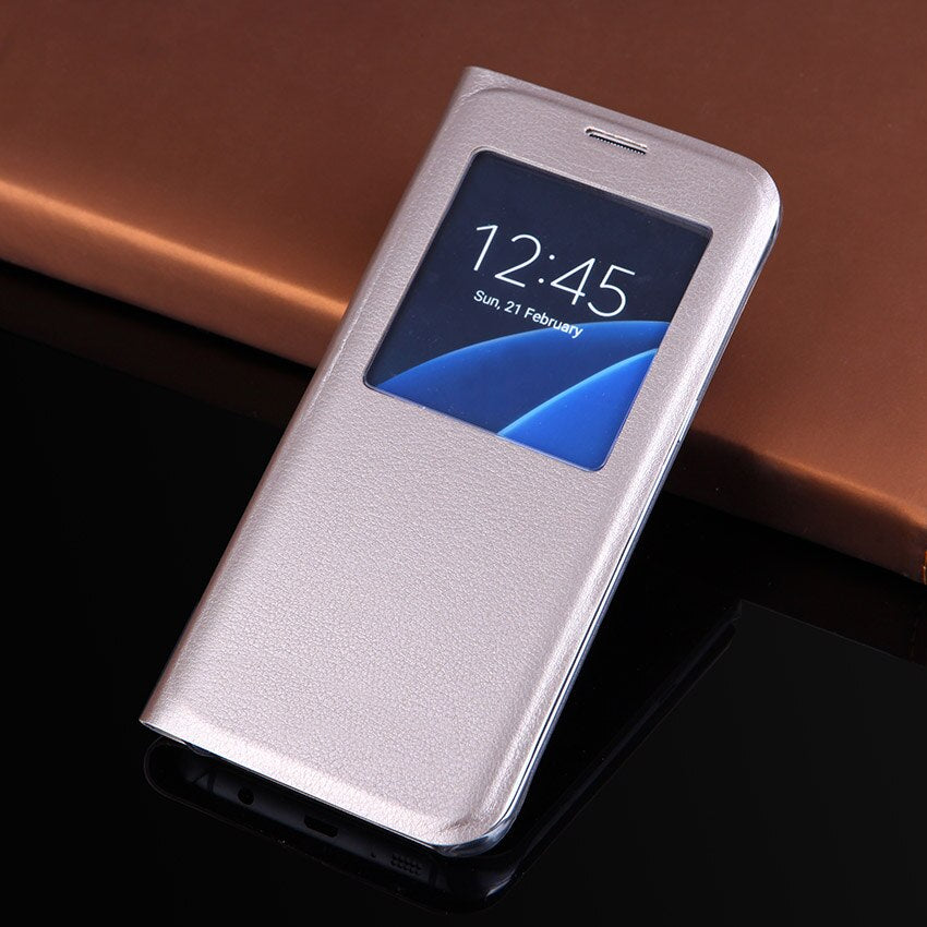 Slim Window View Flip Cover Shockproof Leather Case Cell Phone Carrying Bag Mask For Samsung Galaxy S8 / S8 Plus / S7 / S7 Edge