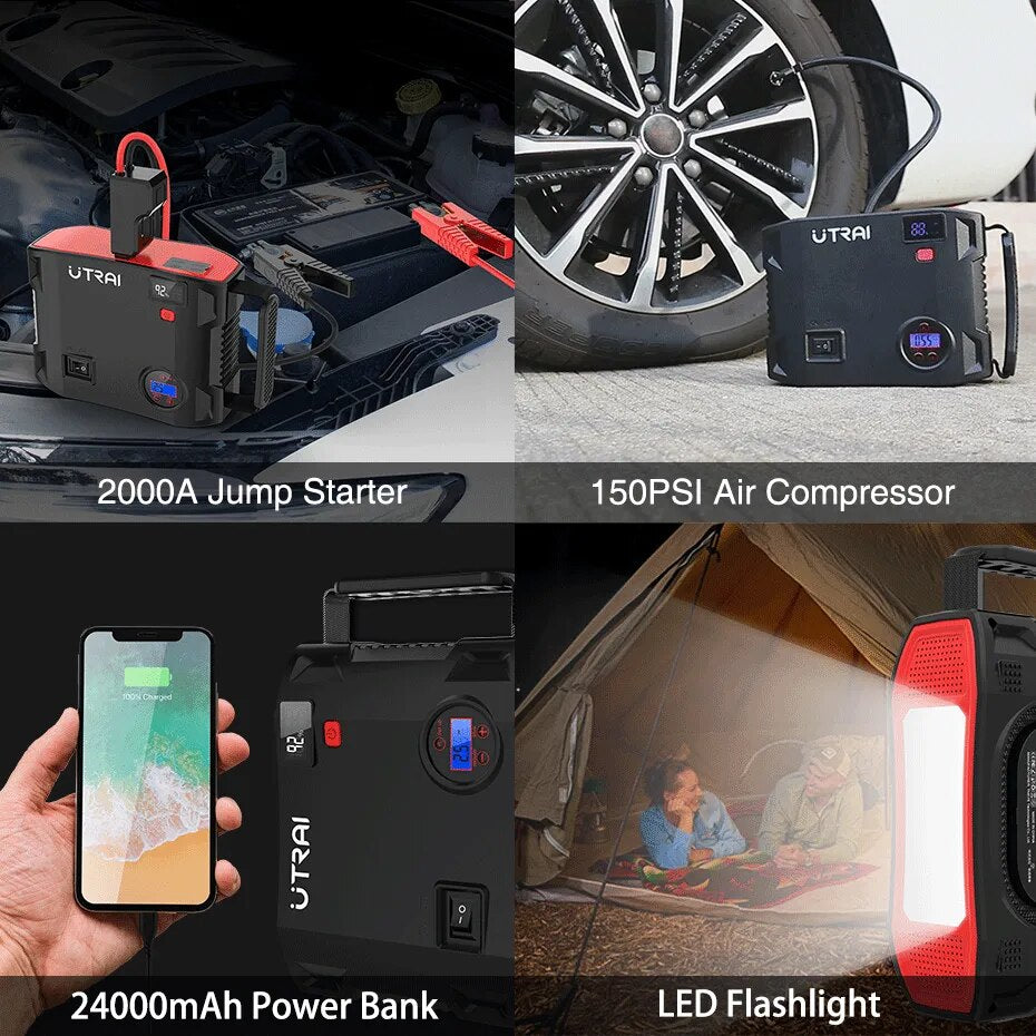 UTRAI Jump Starter 4 in 1 Pump Air Compressor 2000A  Power Bank 12V Digital Tire Inflator 150PSI Emergency Battery Boost