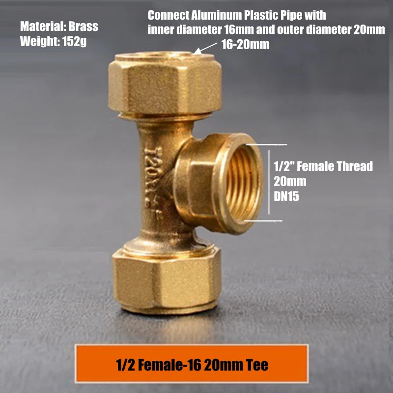 3pcs/lot  Elbow/Tee Aluminum-Plastic Tube Copper/Brass Joint 1/2" 3/4" Female/Male Thread To 16 20mm Solar Heater Pipe Fittings