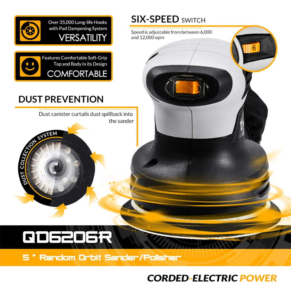 DEKO QD6206R 280W Random Orbit Sander for Wood Working with 15 Sheets of Sandpaper Dust Exhaust and Hybrid Dust Canister