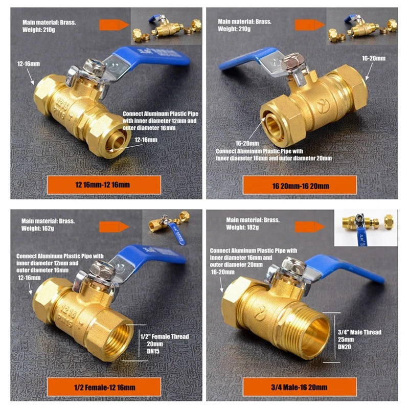 2pcs 1/2" 3/4" To 12-16/16-20mm Aluminum-Plastic Pipe Copper Valve Geothermal Solar Heater Water flow Convenient Control Joint