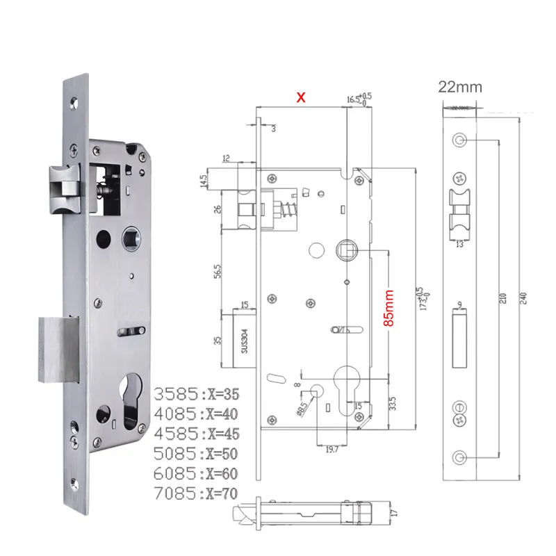 304 Stainless steel  door lock body  85x40 8545 5085 85x60 for Smart fingerprint hanlde lock Special size lift the handl to lock