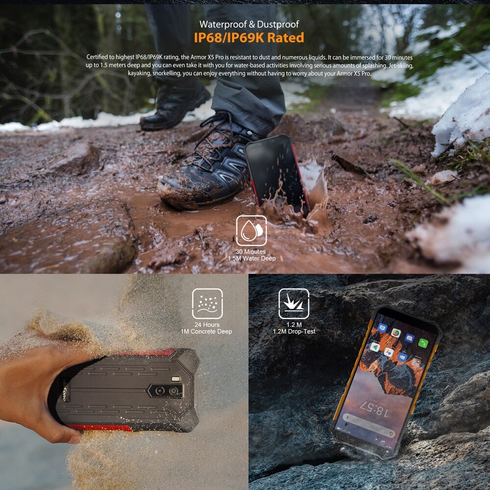 Ulefone Armor X5 Pro Rugged Waterproof Smartphone 4GB+64GB Octa Core Android 10.0 Cell Phone NFC 4G LTE Mobile Phone 5000mAh