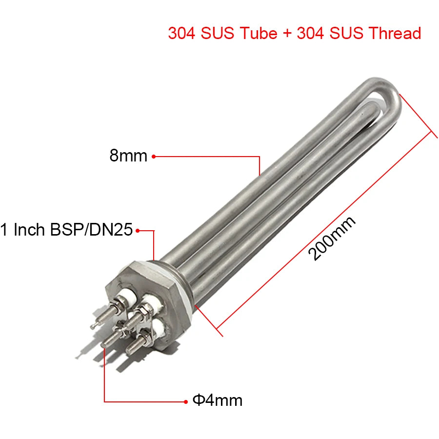 1 Inch BSP Thread DC 12V/24V/36V/48V 200W/300W/600W Heating Element for Solar Water Heater 304 Stainless Steel Tubular Heater