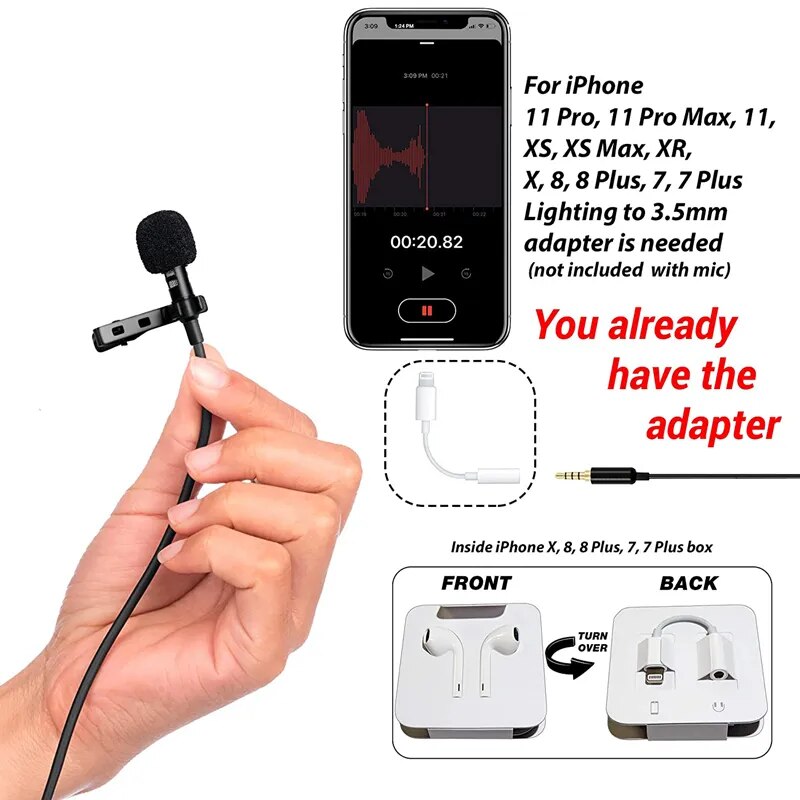 3.5mm Mini Lavalier Microphone Metal Clip Lapel Mic for Mobile Phone PC Laptop Wired Mikrofo/Microfon for Speaking Vocal Audio