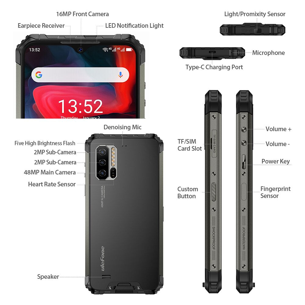 Ulefone Armor 7E Rugged Mobile Phone Helio P90+128G Smartphone 2.4G/5G WiFi Waterproof IP68 Global Version Android 10 NFC/48MP