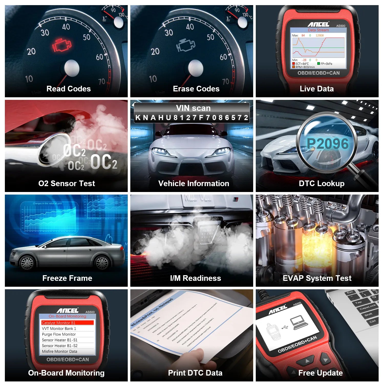 Ancel AS500 OBD2 Scanner Engine Code Reader OBD Auto Diagnose Car Diagnostics Tool Lifetime Free Update OBD2 Automotive Scanner