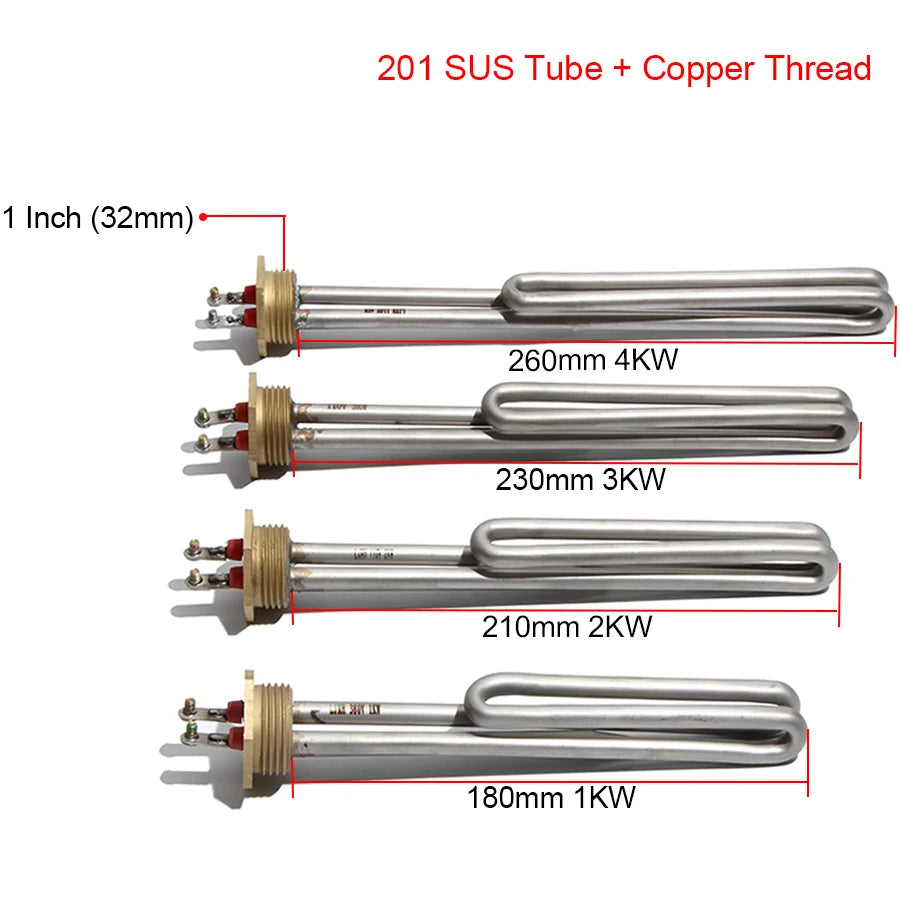 1 Inch BSP/DN25 Copper Thread Solar Water Heater Element 110V/220V/380V Electric Heating Tube with Probe Hole 1KW/2KW/3KW/4KW