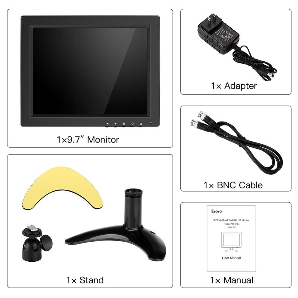 Eyoyo 10 inch Security CCTV Monitor Small Portable HDMI LCD Monitor IPS HD 1024x768 4:3 with BNC HDMI VGA AV Input for PC Raspbe