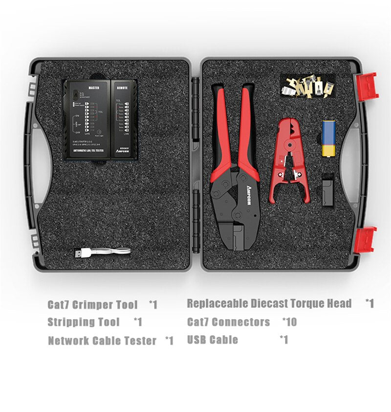 Network Tool Kit, AMPCOM Professional RJ45 tool  (Cat7 Crimper, 10PCS Cat7 Connectors, Network Cable Tester, Stripping Tool)