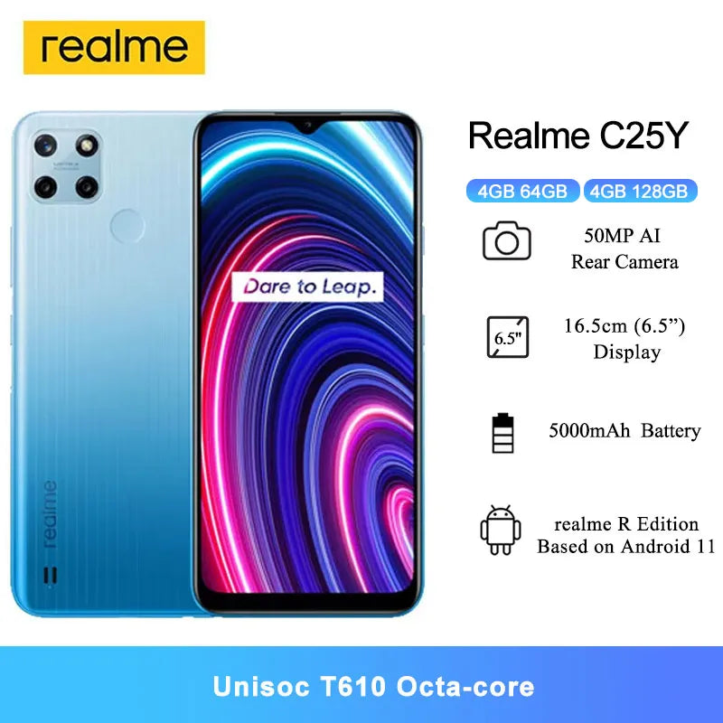 Realme C25Y Global Version 4GB RAM Smartphones 6.5" Unisoc T610 Octa-core 5000mAh 50MP Al Triple Cameras Mobile Phones