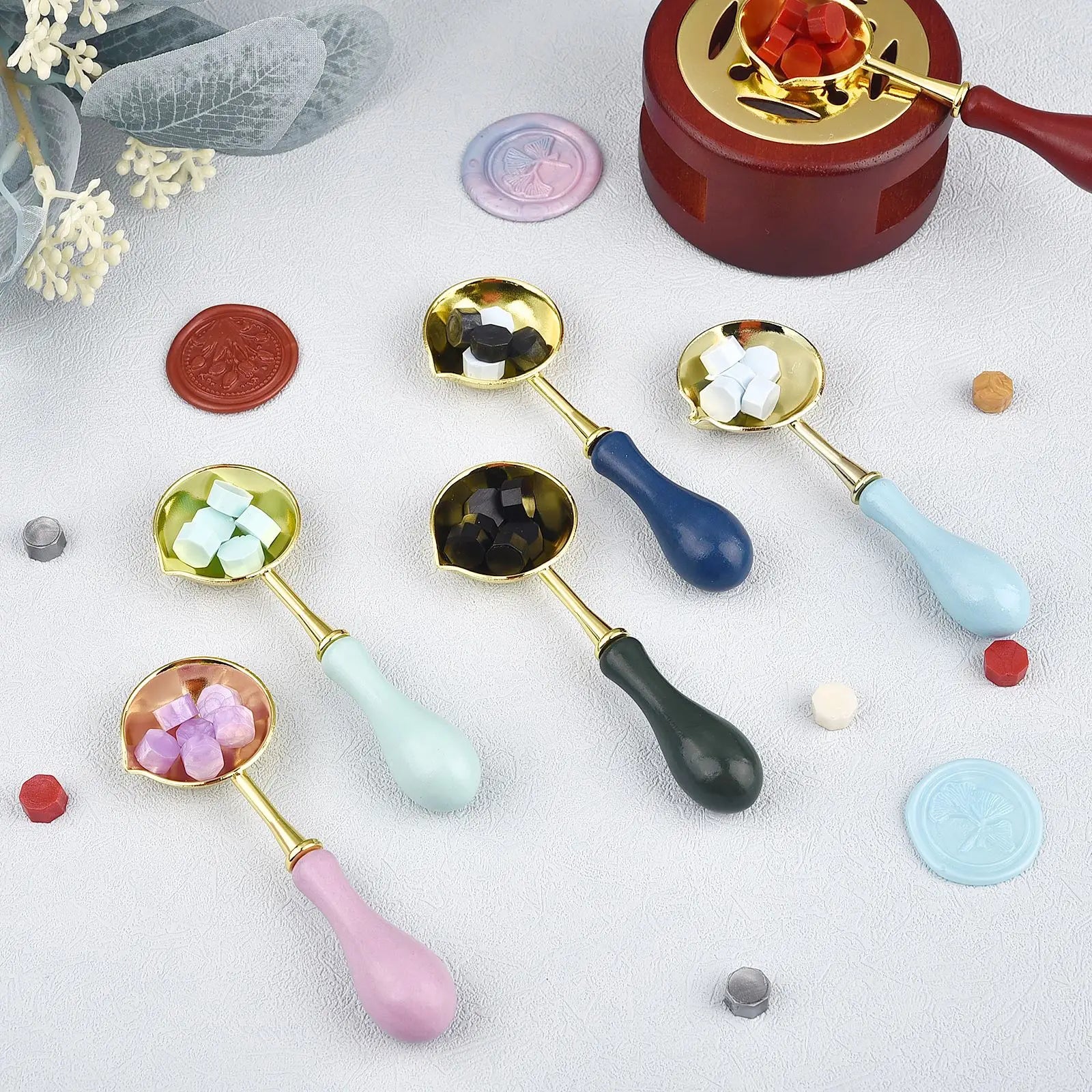 2PCS Wax Seal Stamp Set Retro Lacquer Stove With Wood Handle Spoon Kit Wax Seal Melting Furnace Heater Wax Bead Stick Heater Pot