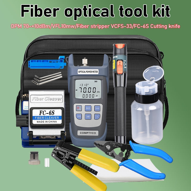 Newest FTTH Fiber Tool Kit With 10mw Fiber Optica Power Meter 10mw VFL AUA-7S Cleaver VCFS-3 Three-port Fiber Stripper Tool Kit