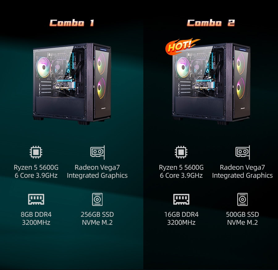 IPASON Gaming Desktop AMD Ryzen 5 5600G 6 Core 3.9GHz RTX 3060 Ti 16GB 1TB SSD M.2 NVMe Windows 10 Home Gaming PC