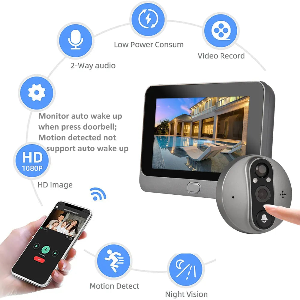 Smart Life Tuya 1080P WiFi Door Bell Eye Peephole Camera 5000mAh Battery PIR Motion Detector IR Alexa Google Home Digital Viewer
