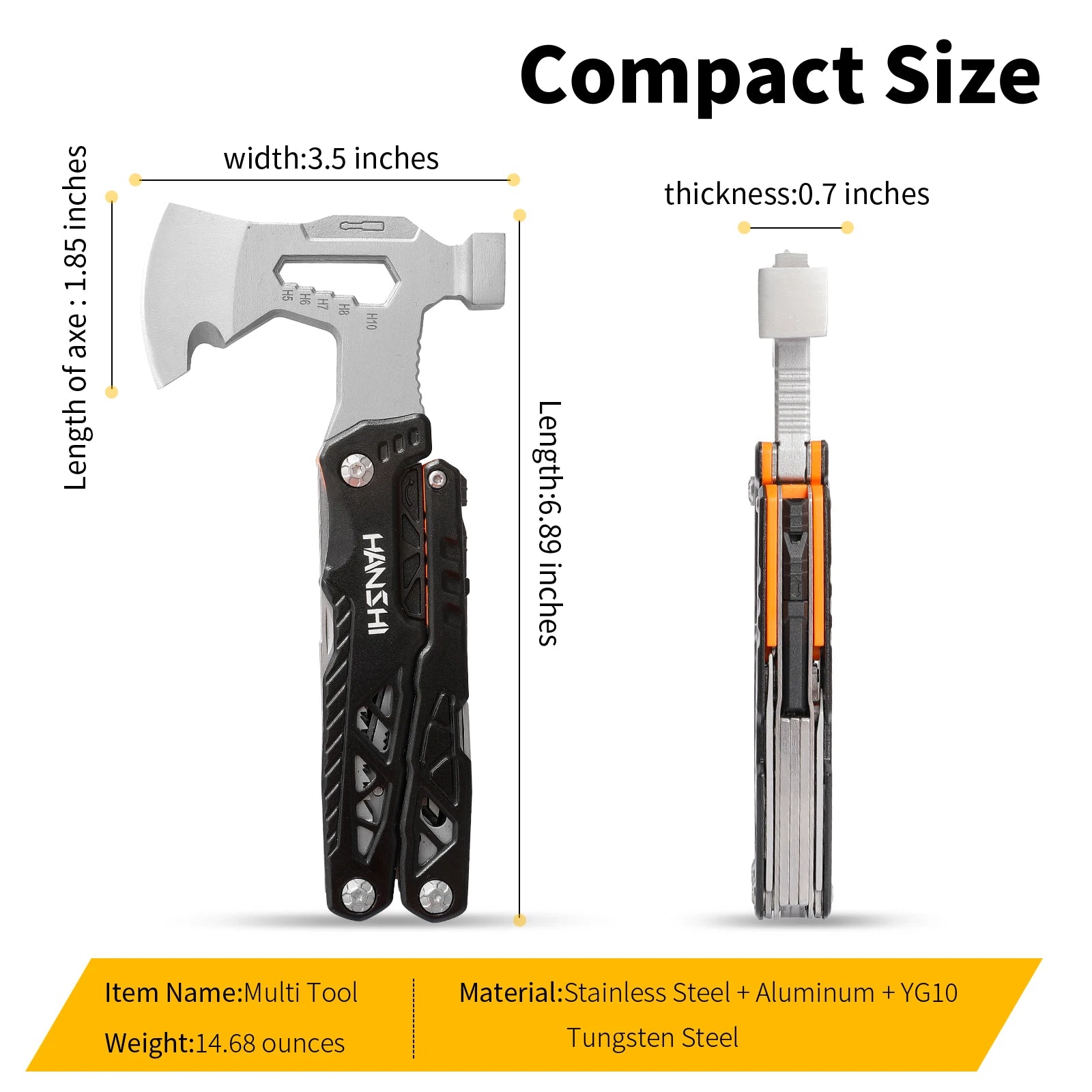 HANSHI 17 in 1 Pocket Multitool Axe with Sheath YG10 Replaceable Wire Cutter Multi Function Tool with Plier Hatchet Hammer Knife