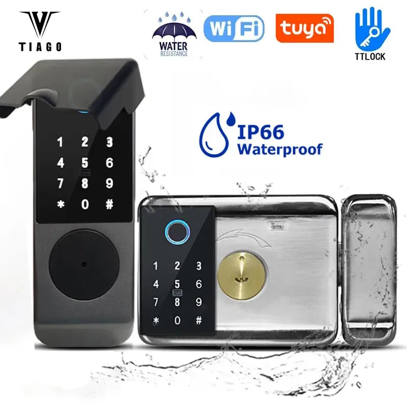 TIAGO Tuya Wifi Waterproof Smart Door Lock TTLock App Digital Fingerprint Card Password Key Outdoor Electronic Gate Lock
