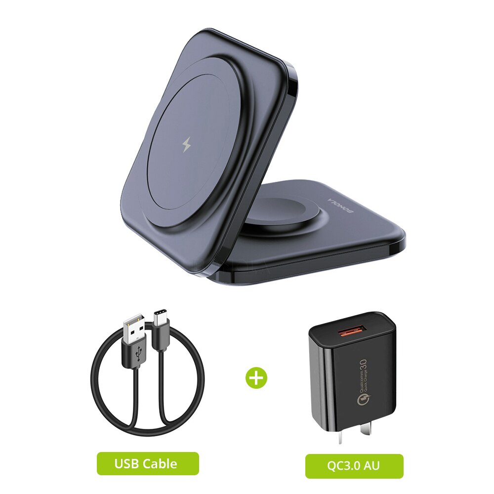 Bonola Magnetic Wireless Charger 2 in 1 Foldable Stand for iWatch Ultra/8/7/6 15W Fast Wireless Charging for iPhone 14 Pro/13/12