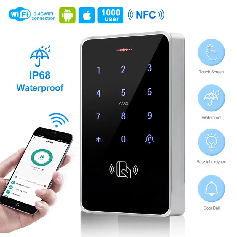IP68 Waterproof Access Control Keypad Outdoor RFID Access Controller Touch Door Opener System Mobile NFC Card 125KHz Card Reader