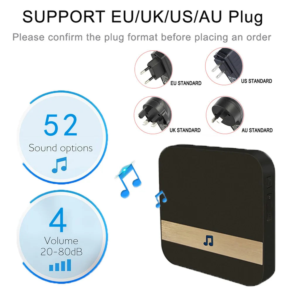 Chime for Video Doorbell AC 90V-250V 52 Chimes 110dB Wireless Doorbell Receiver Ding Dong