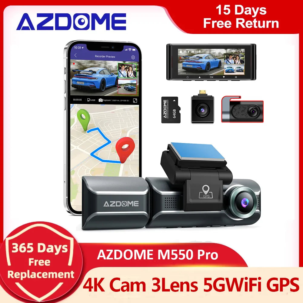 Upgrade AZDOME Car DVR M550 Pro Dash Cam 4K 5.8Ghz WiFi 3 Cameras Front/Cabin/Rear Cam GPS Night Vision Parking Monitor