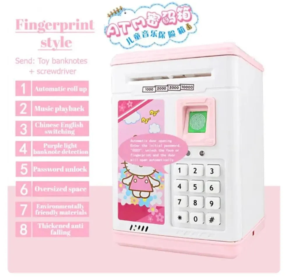 Lovely Cartoon Fingerprint Automatic Bank Automatic Cash Roll Atm Electric Girl Boy Children's Christmas Gifts Safe Deposit Box