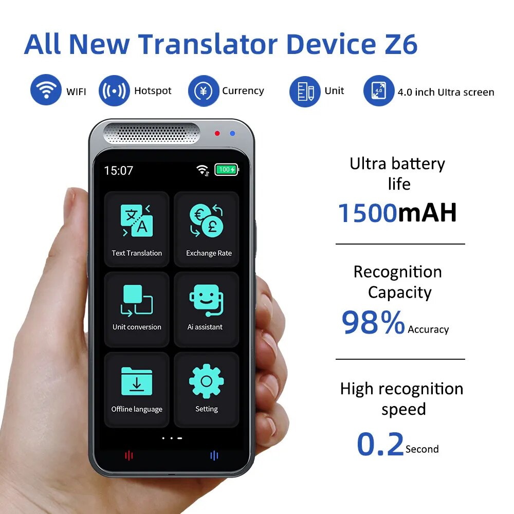 Z6 Voice Translator Device 138 National Languages Intelligent Translator Real-time Recording Text Translation Business Travel