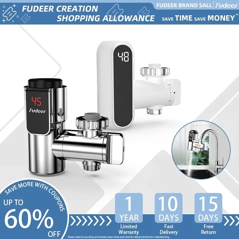 Fudeer Electric Water Heating Tap Conector Instant Hot Water Faucet Adapter 220v Free installation Tankless Water Heater 3400w